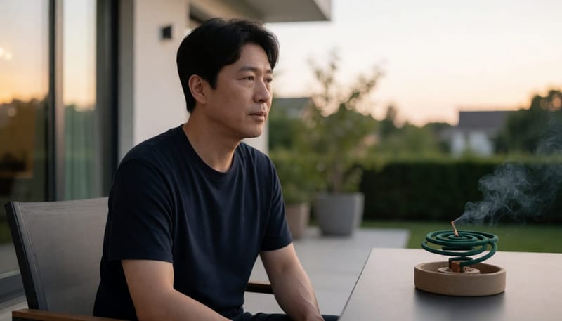땀을 흘리며 야외에 앉아 있어 모기에 취약한 체질의 남성