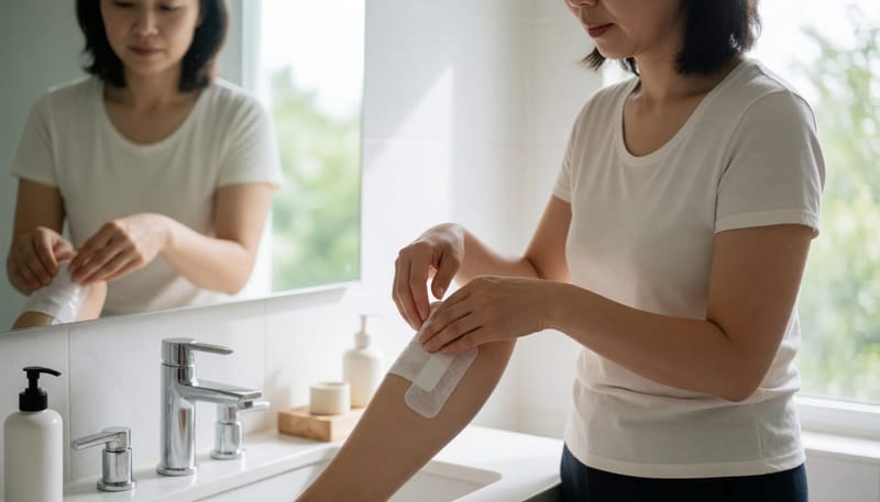 물린 부위에 진정 패치를 붙이며 증상을 관리하는 여성