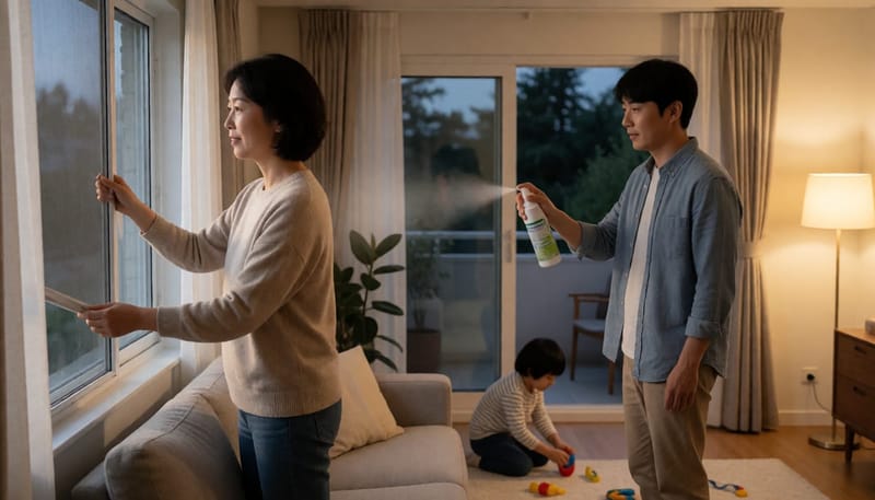 방충망을 점검하고 모기 기피제를 뿌리며 예방하는 가족