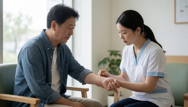심하게 부은 물린 부위를 간호사에게 보여주며 진료받는 남성