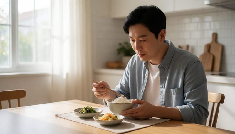 소량 식사 중인 중년 남성