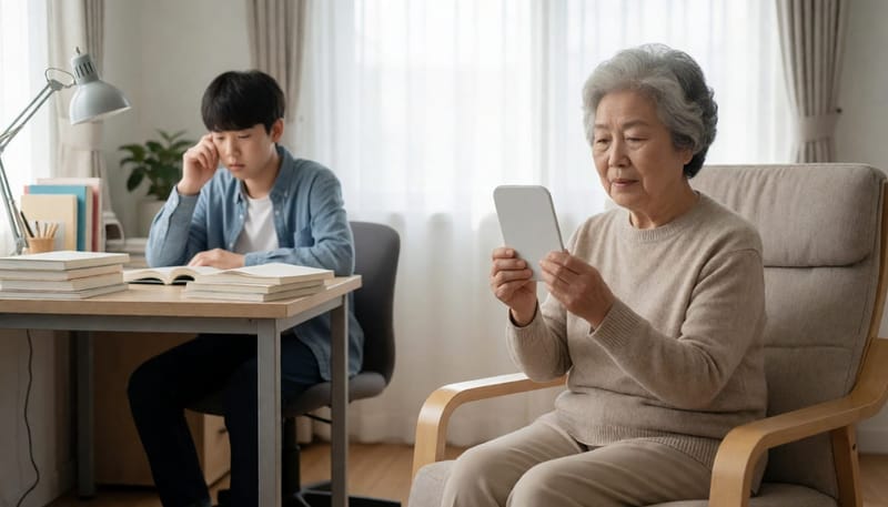 틀니를 만지는 어르신과 스트레스로 뺨을 만지는 청소년이 한 장면에 대비되어 나타남