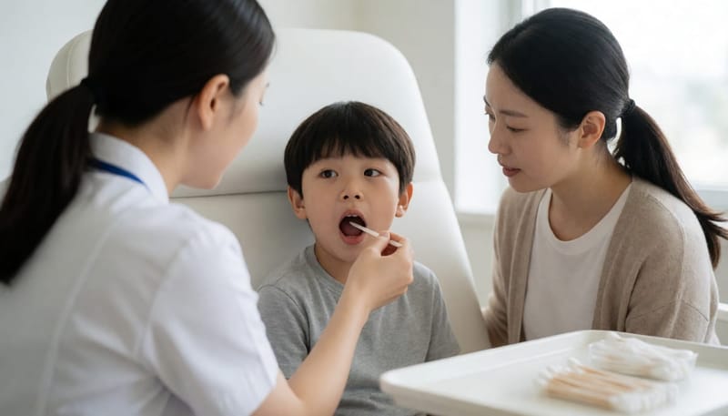 소아 환자의 입안 증상을 의료진이 확인하는 진료실 장면