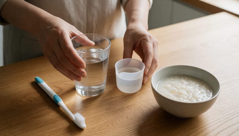 구내염 관리를 위한 식염수 헹굼, 부드러운 칫솔, 죽 등을 준비하는 손 클로즈업