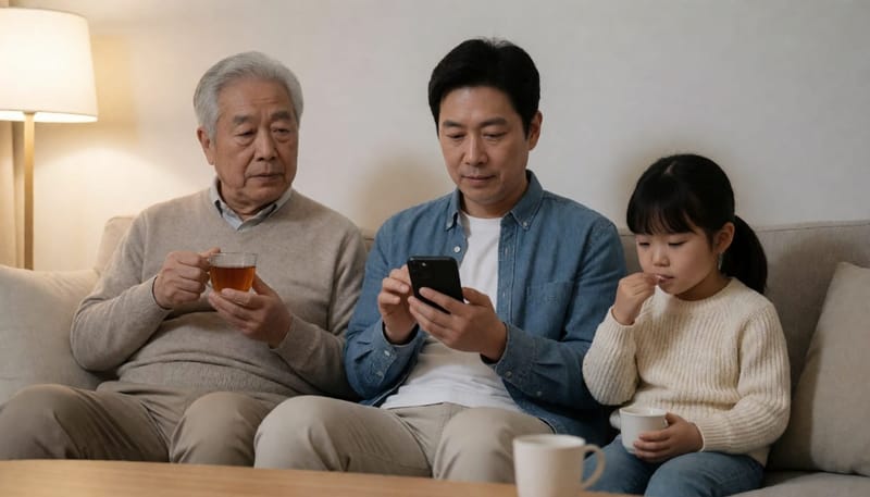할아버지, 아버지, 아이가 각자 다른 방식으로 관리하는 모습이 한 거실 안에 담긴 장면