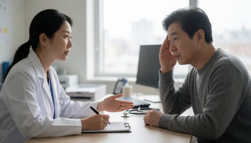 신경과 진료실에서 의사와 환자가 마주 앉아 상담하는 장면