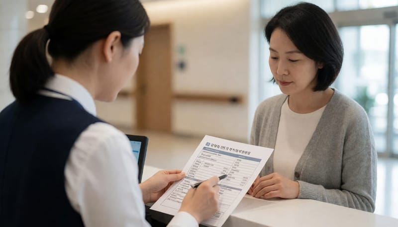 병원 접수처에서 직원이 건강보험 적용 서류를 환자에게 설명하는 장면