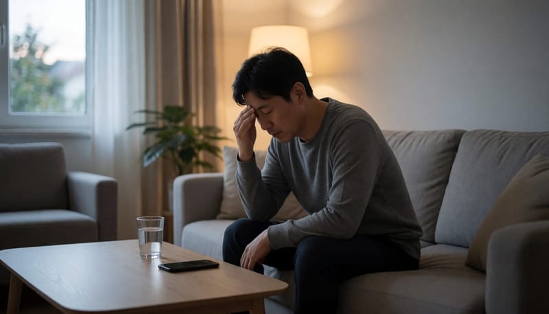 집 소파에서 두통을 느끼며 이마를 짚고 있는 남성의 모습