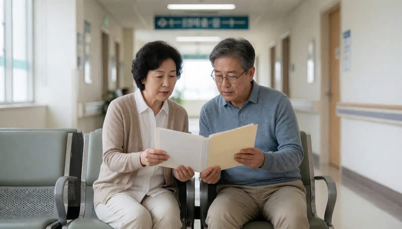병원 복도 대기석에서 부부가 서류를 함께 살펴보는 모습