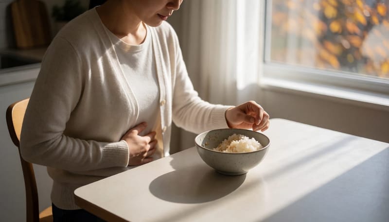 환절기 아침, 식사 도중 속이 불편해 배를 만지는 여성
