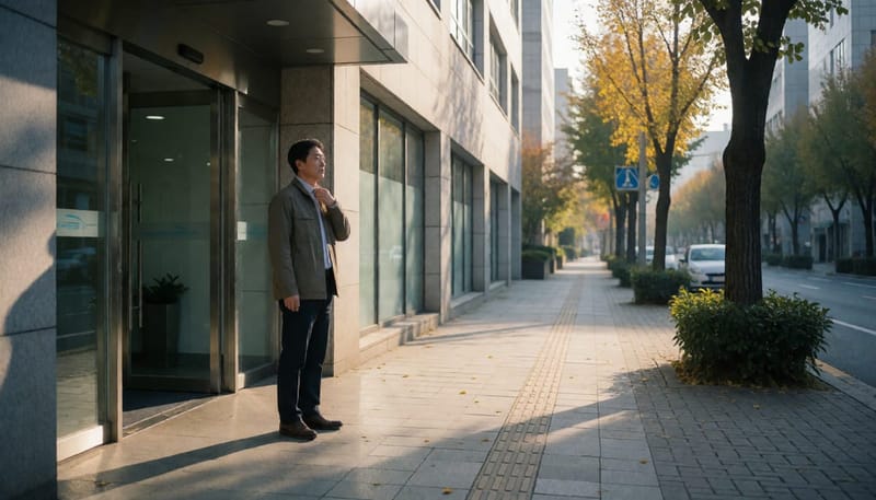 일교차가 큰 거리에서 옷차림을 조정하는 직장인 남성