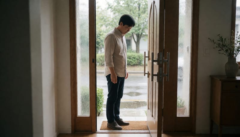 장마철 젖은 신발과 양말로 귀가하는 남성