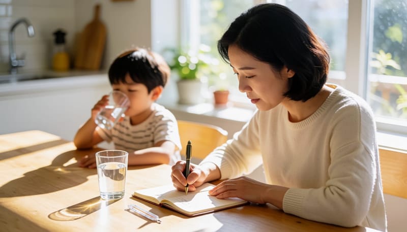 집에서 아이의 기침 횟수와 상태를 기록하는 엄마