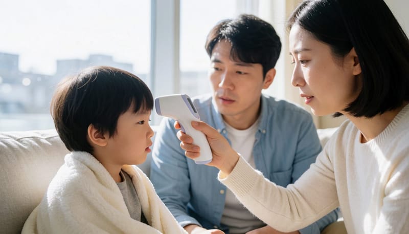 체온계로 아이의 열을 다시 확인하는 엄마의 모습