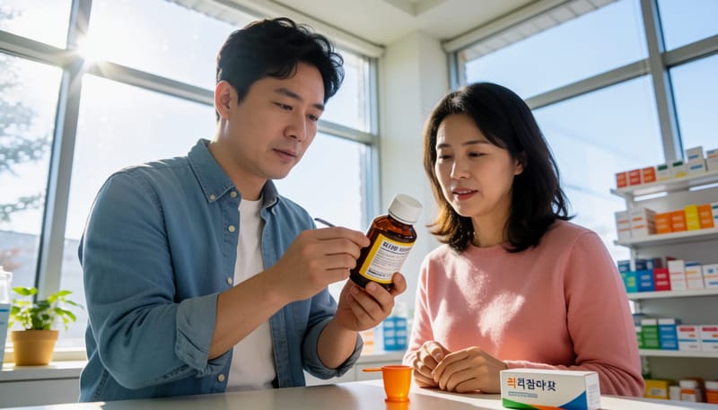 기침약 용량 표시를 확인하며 고민하는 아빠
