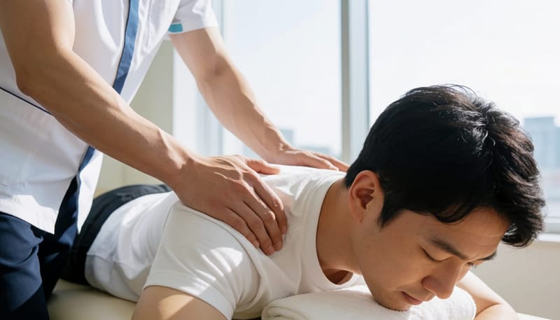 치료사가 환자의 어깨 유발점을 손가락으로 눌러 통증 반응을 확인하는 모습