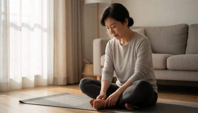 자신의 발톱 상태를 살펴보며 고민하는 여성