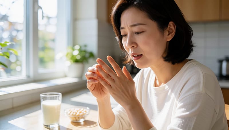 손톱을 들여다보며 칼슘 섭취와의 연관성을 의심하는 여성