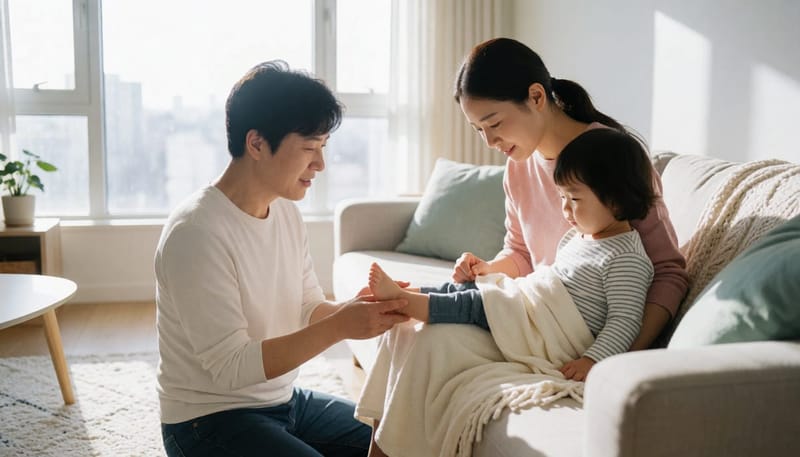 아이의 발톱 상태를 살피는 엄마의 모습