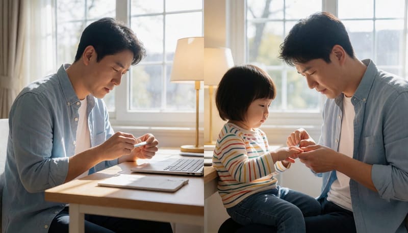 손톱을 조심스럽게 다듬어주는 아버지의 모습