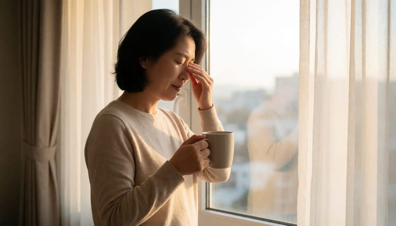 아침 햇살 속에서 눈을 비비며 창밖을 바라보는 여성