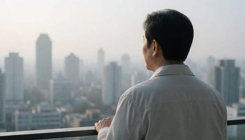 미세먼지 낀 뿌연 도시를 바라보며 눈이 건조해진 남성