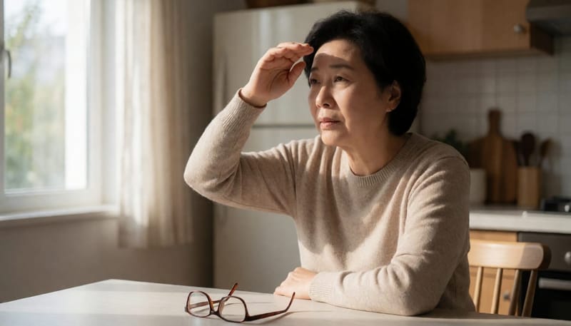눈부심을 느끼며 걱정스러운 표정으로 손으로 눈을 가리는 여성