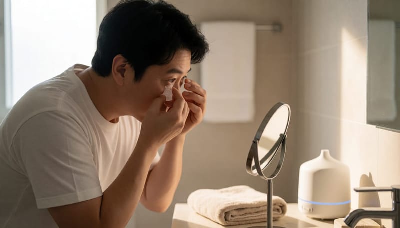 아침 루틴으로 인공눈물을 넣으며 눈 건강을 관리하는 남성