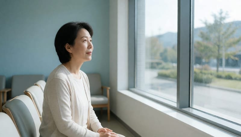 안과 대기실 창가에 앉아 실내외 풍경을 바라보는 여성