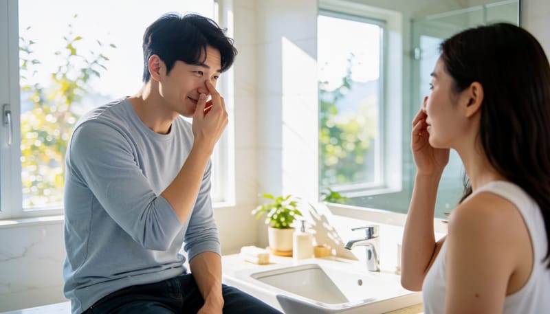 욕실 거울 앞에서 콧등을 만지며 모양을 살펴보는 남성