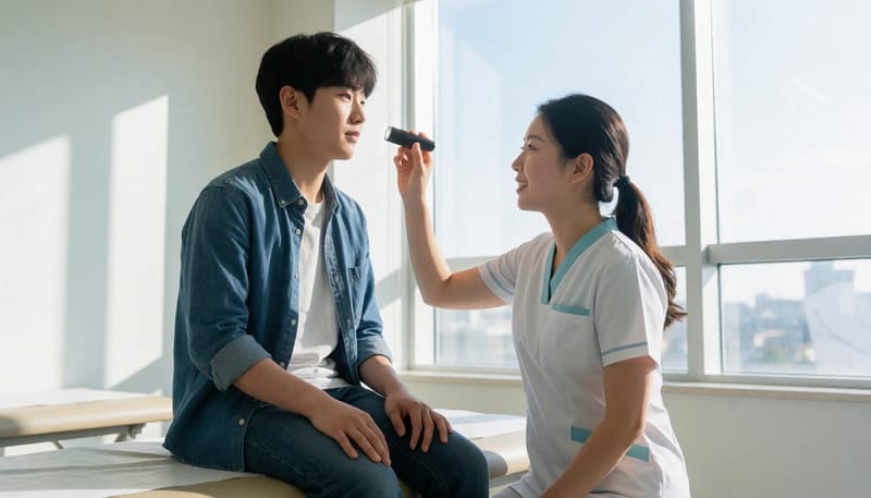 병원 진료실에서 간호사가 콧속을 살피는 모습