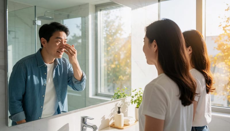 시간이 지나 부기는 빠졌지만 콧등 모양을 다시 확인하는 남성