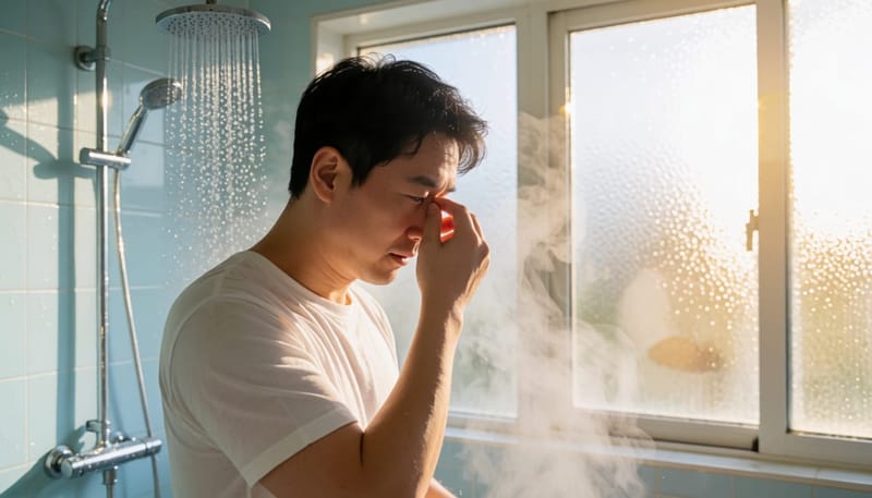 뜨거운 샤워 후 코막힘을 느끼며 코를 만지는 남성