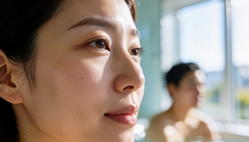 코 점막이 뜨거운 김에 반응하는 모습을 보여주는 얼굴 클로즈업