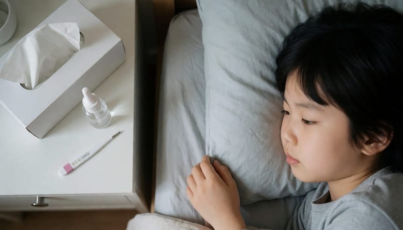 콧물 원인과 악화 요인을 보여주는 아이 방 침대 옆 소품들