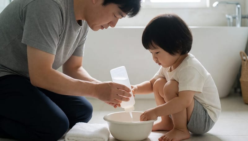 집에서 식염수로 콧속을 세척해주는 아빠와 아이