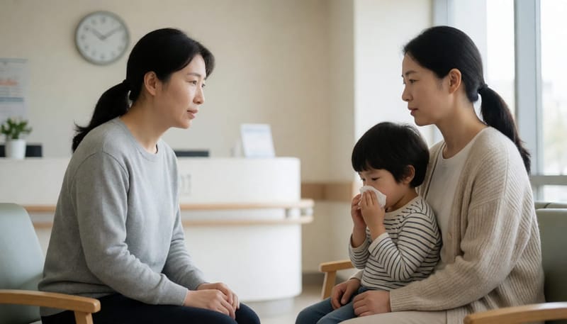 증상이 심해져 병원 진찰을 기다리는 아이와 엄마