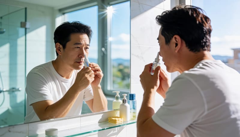 욕실 세면대 앞에서 비강 스프레이를 사용하는 남성