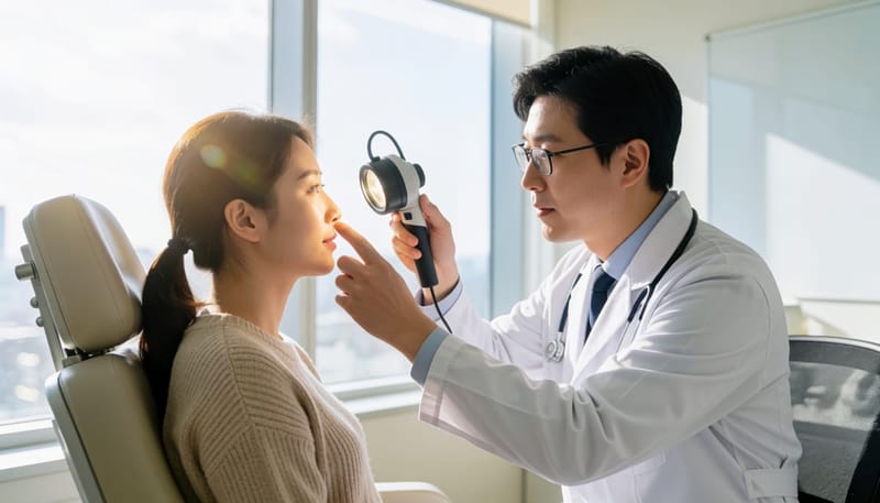 이비인후과에서 의사가 환자의 코 내부를 진료 기구로 살펴보는 모습