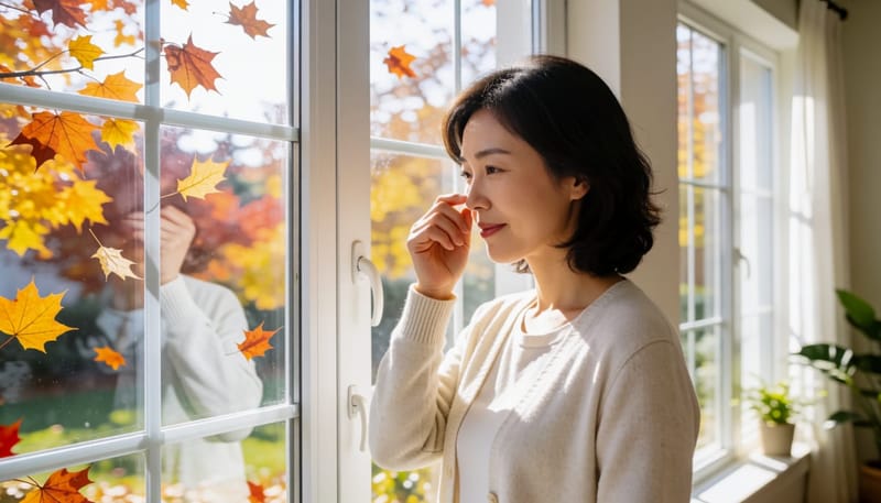 환절기 창가에서 코 불편함을 느끼는 여성