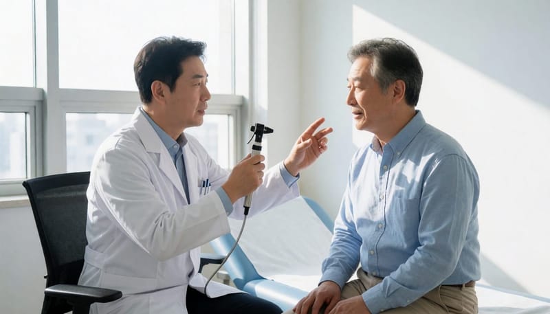 병원에서 코 증상에 대해 상담받는 환자와 의사