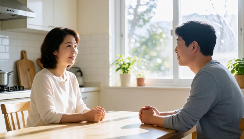 아침 식탁에서 한쪽 코를 막고 숨을 쉬어보는 여성