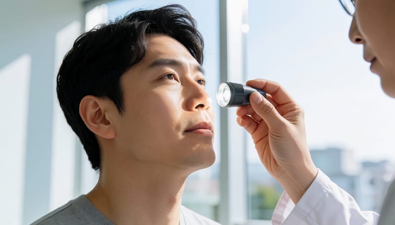 병원에서 의사가 코 안을 진찰하는 모습