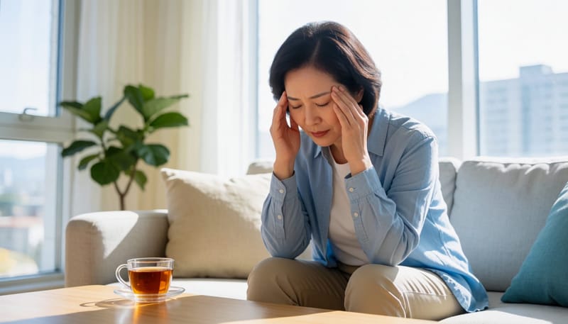 피로감과 집중력 저하를 느끼는 여성이 소파에서 쉬는 모습