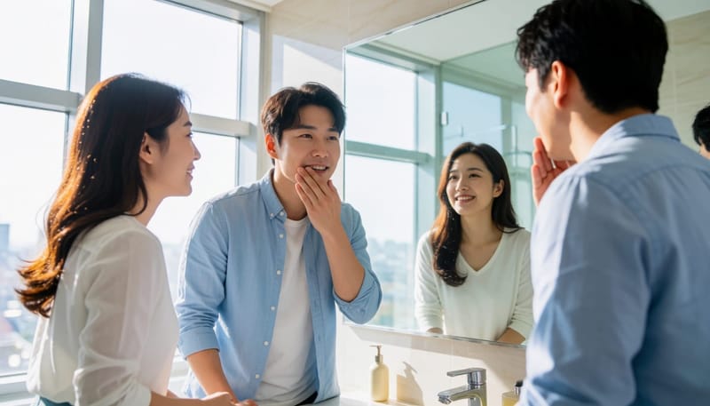 욕실 거울 앞에서 코막힘을 스스로 점검하는 남성