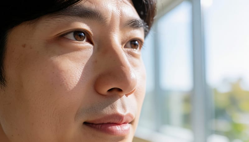 숨을 들이쉴 때 콧볼이 안쪽으로 눌리는 모습의 근접 촬영