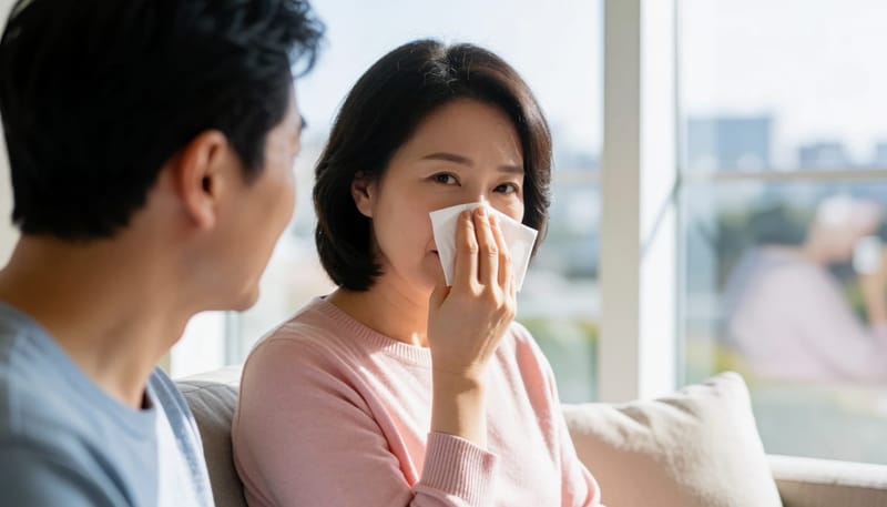 콧속 상태를 신경 쓰며 코 주변을 살피는 여성