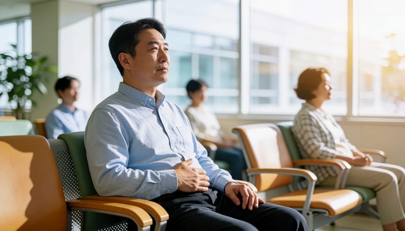 중년 남성이 대기실에서 배 부위를 만지며 생각에 잠긴 모습