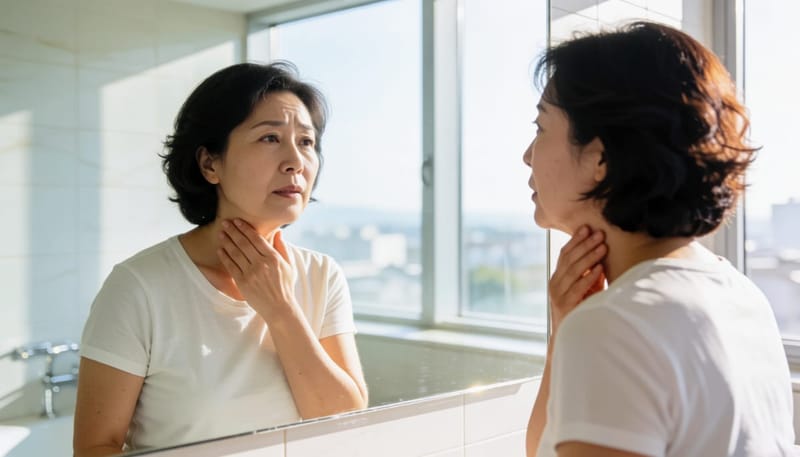 여성이 거울 앞에서 몸의 변화를 느끼며 목을 짚어보는 모습