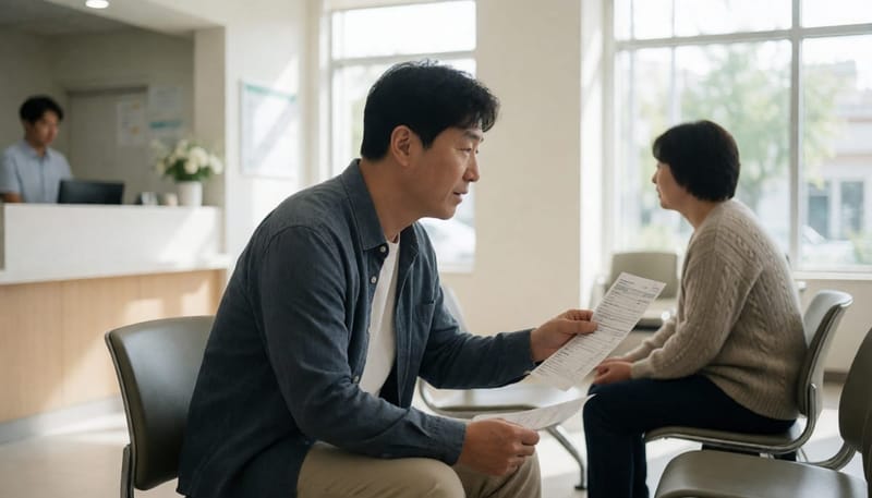 건강검진센터 대기실에서 예약 안내지를 확인하는 중년 남성